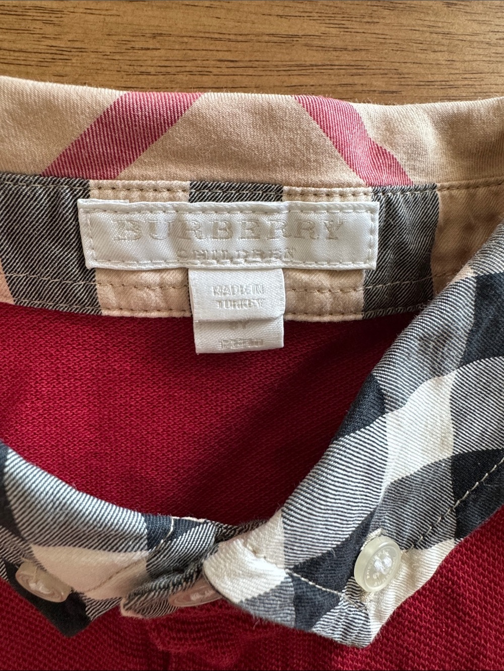 Burberry Kids Burgundy Polo with Signature Check Collar - Picture 2 of 7